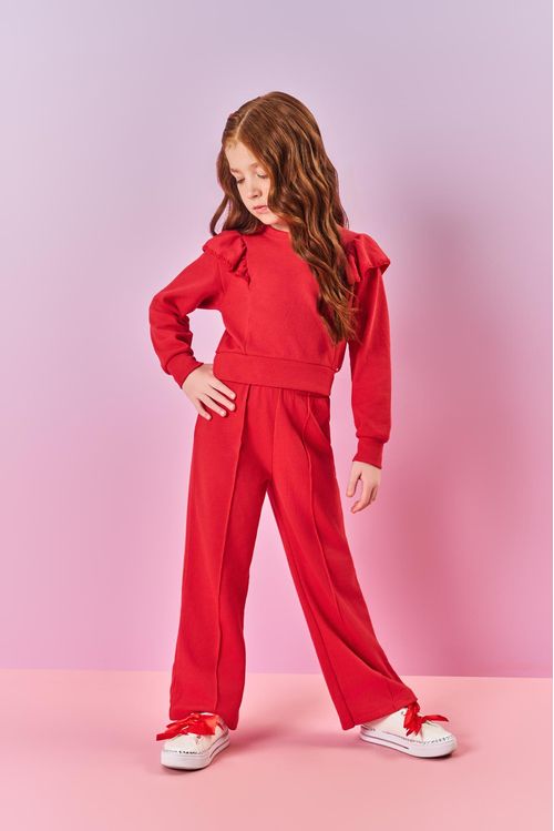 Conjunto Infantil Menina Blusão Babado E Wide Leg Vermelho Mundo Cinti