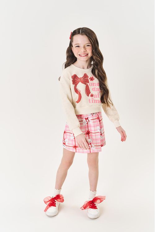 Conjunto Infantil Menina Blusão Laço E Short-Saia Rosa Mundo Cinti