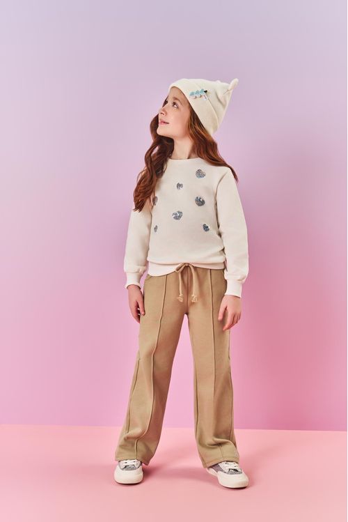 Calça Infantil Menina Wide Leg Básica Bege Mundo Cinti