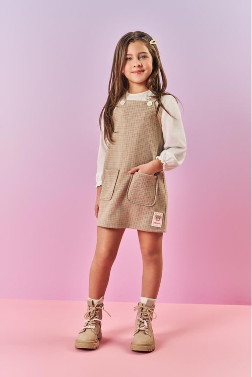Conjunto Infantil Menina Blusa E Salopete Xadrez Bege Mundo Cinti