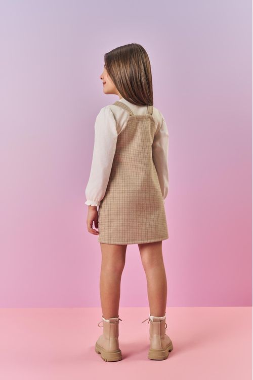 Conjunto Infantil Menina Blusa E Salopete Xadrez Bege Mundo Cinti