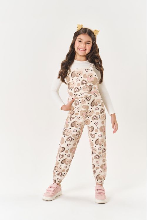 Conjunto Infantil Menina Blusa E Jardineira Ursinho Bege Mundo Cinti