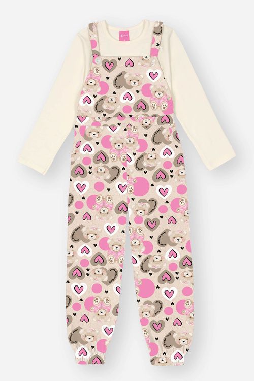 Conjunto Infantil Menina Blusa E Jardineira Ursinho Rosa Mundo Cinti