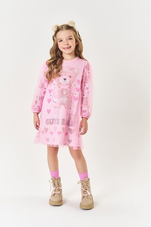 Vestido Infantil Menina Ursinho Com Tule Rosa Mundo Cinti