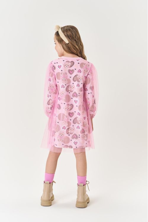 Vestido Infantil Menina Ursinho Com Tule Rosa Mundo Cinti