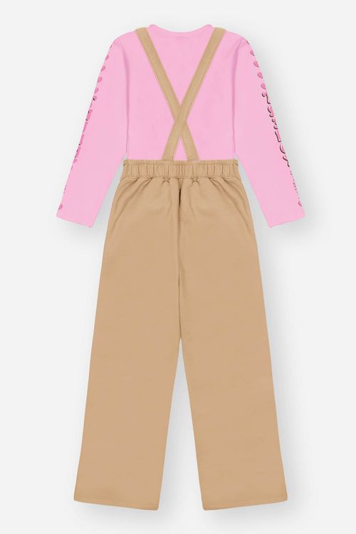 Conjunto Infantil Menina Blusa Trendy E Jardineira Bege Mundo Cinti