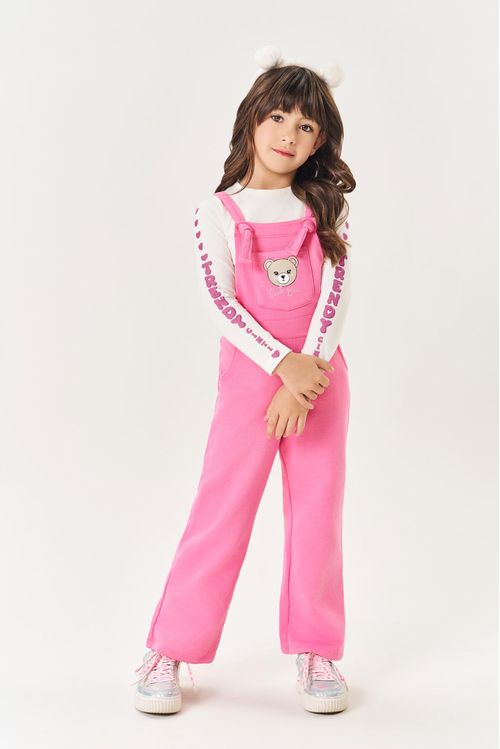Conjunto Infantil Menina Blusa Trendy E Jardineira Rosa Mundo Cinti
