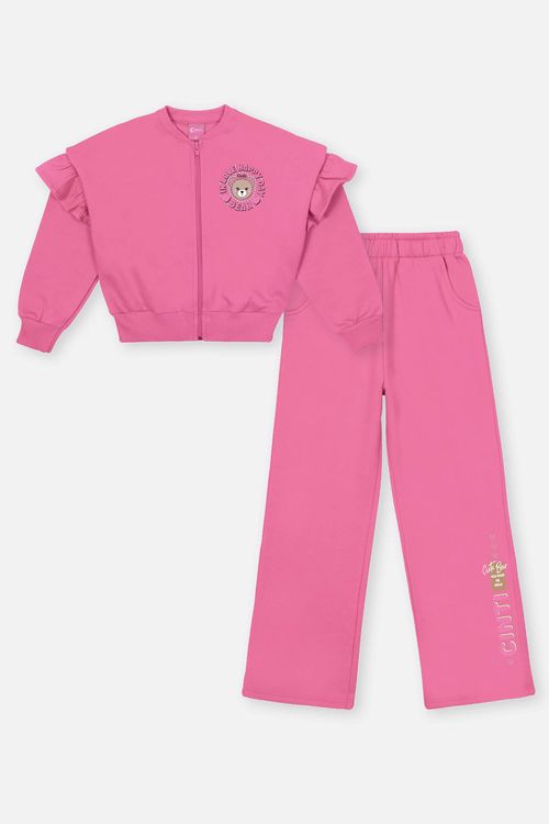 Conjunto Infantil Menina Jaqueta Bomber E Wide Leg Rosa Mundo Cinti