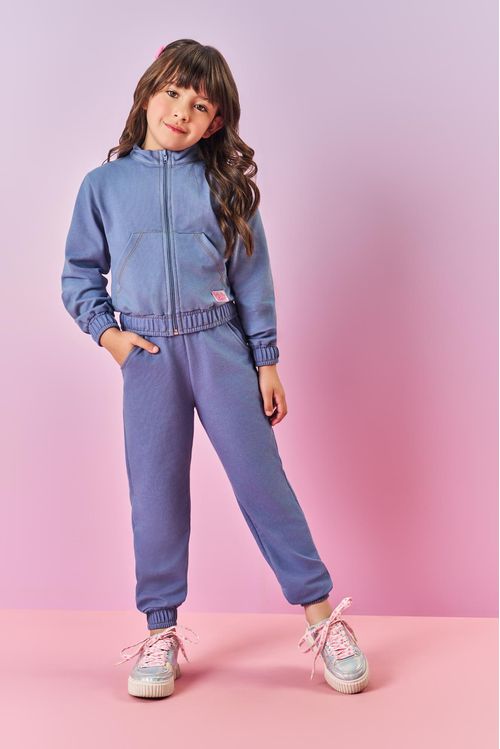 Conjunto Infantil Menina Jaqueta Estampa Costa E Calça Azul Mundo Cinti