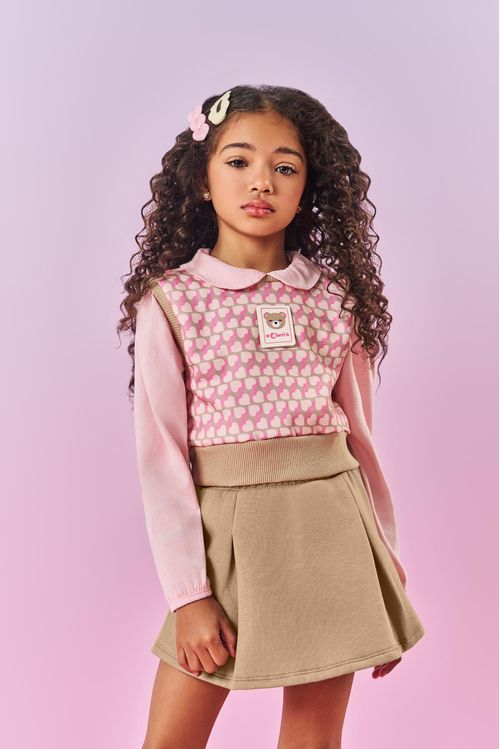 Conjunto Infantil Menina Blusa, Short-Saia E Colete Rosa Mundo Cinti