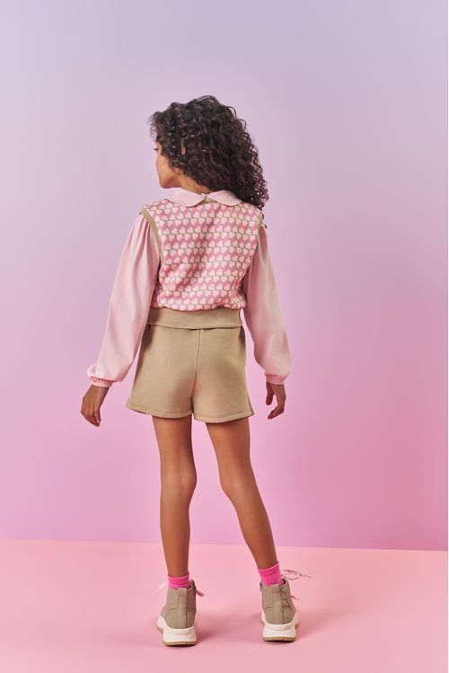 Conjunto Infantil Menina Blusa, Short-Saia E Colete Rosa Mundo Cinti