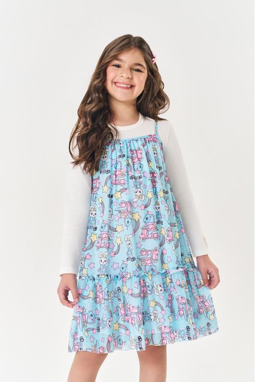 Vestido Infantil Menina Sobreposição Tule Azul Mundo Cinti