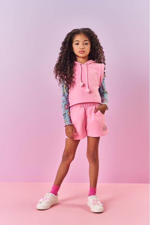 Conjunto Infantil Menina Blusa Dino, Short E Colete Rosa Mundo Cinti