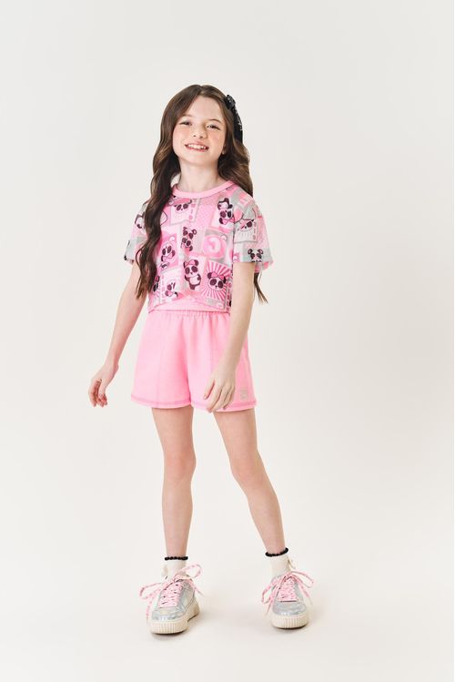 Conjunto Infantil Menina Blusa, Short E Sobreposição Rosa Mundo Cinti