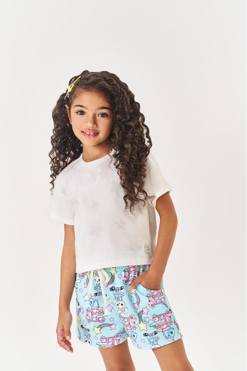 Conjunto Infantil Menina Blusa Estrelas E Short Dino Azul Mundo Cinti