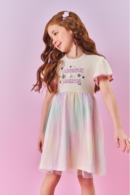 Vestido Infantil Menina Unicorns Tule Natural Mundo Cinti