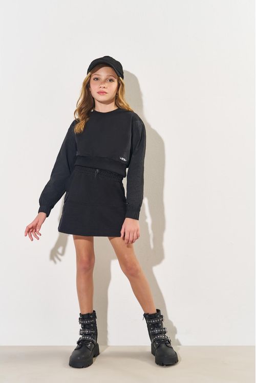 Conjunto Infantil Menina Blusão Cropped + Saia Preto CTV