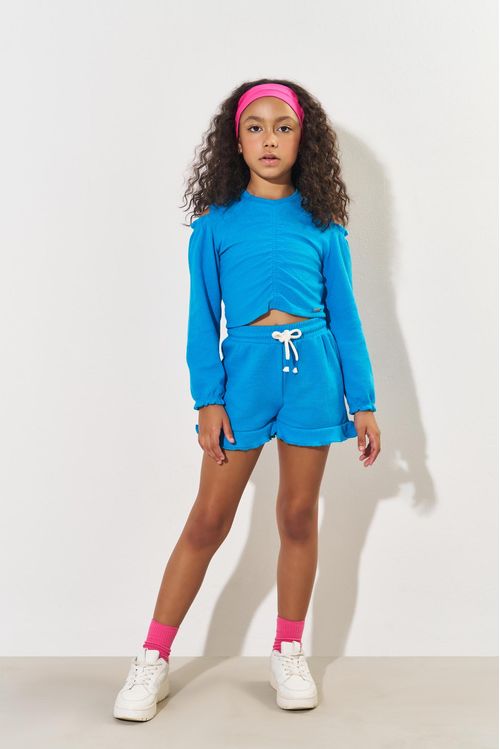 Conjunto Infantil Menina com Franzido Monocromático Azul CTV