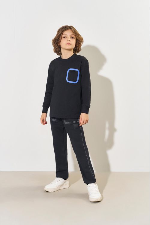Camiseta Manga Longa Infantil Menino Bolso Preto CTV
