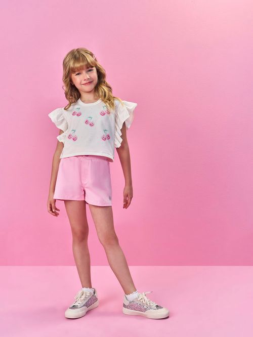 Blusa Infantil Menina Strass de Cerejas Menta Mundo Cinti