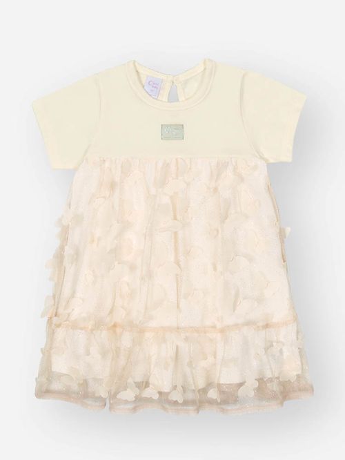 Vestido Menina com Tule Borboletas Natural
