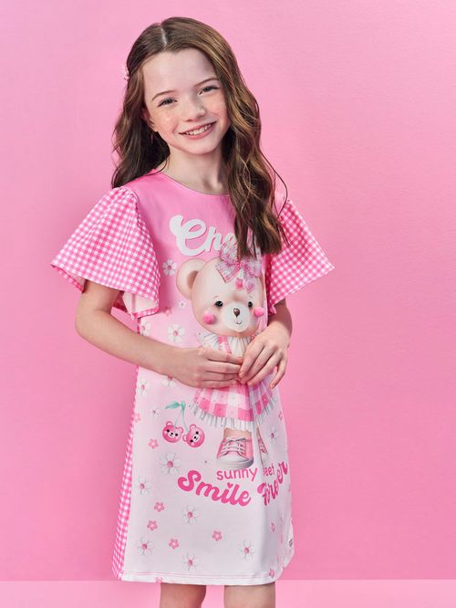 Vestido Menina Ursinha Xadrez Rosa