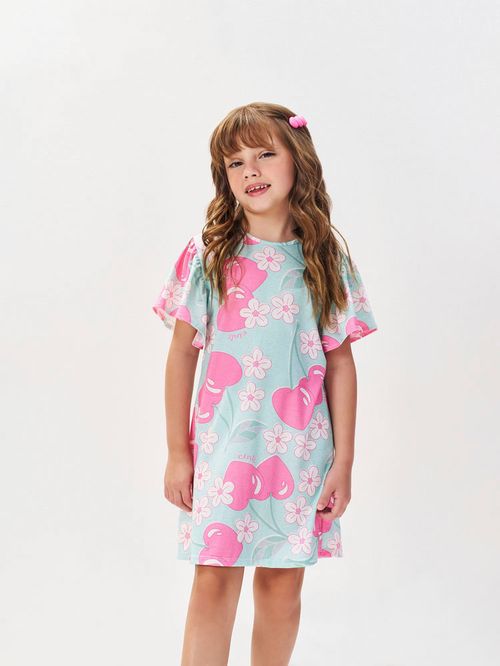 Vestido Menina em Cotton Cerejas Rosa Mundo Cinti