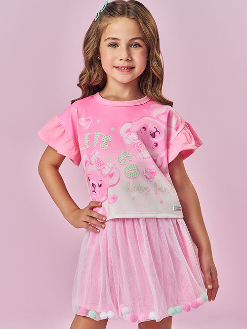 Blusa Cropped Infantil Menina Ursinhas Rosa Mundo Cinti