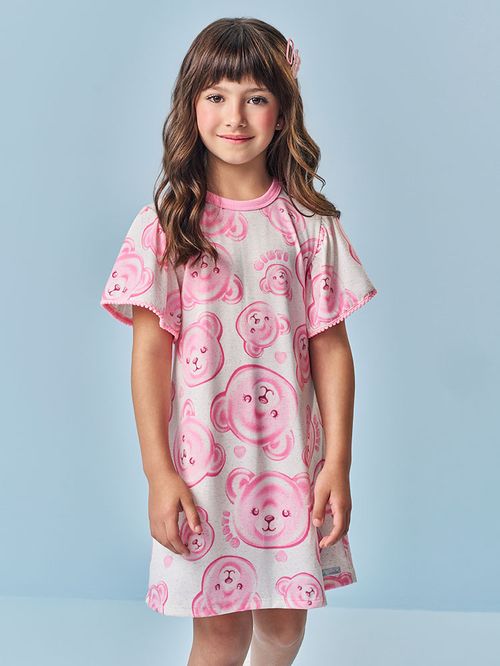 Vestido Infantil Menina Cabeça de Ursinhos Rosa Mundo Cinti