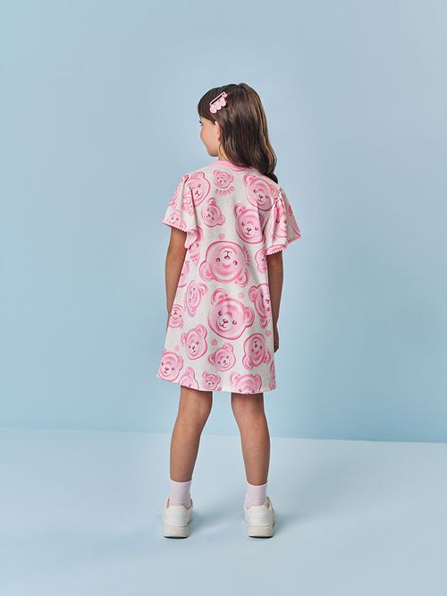 Vestido Infantil Menina Cabeça de Ursinhos Rosa Mundo Cinti