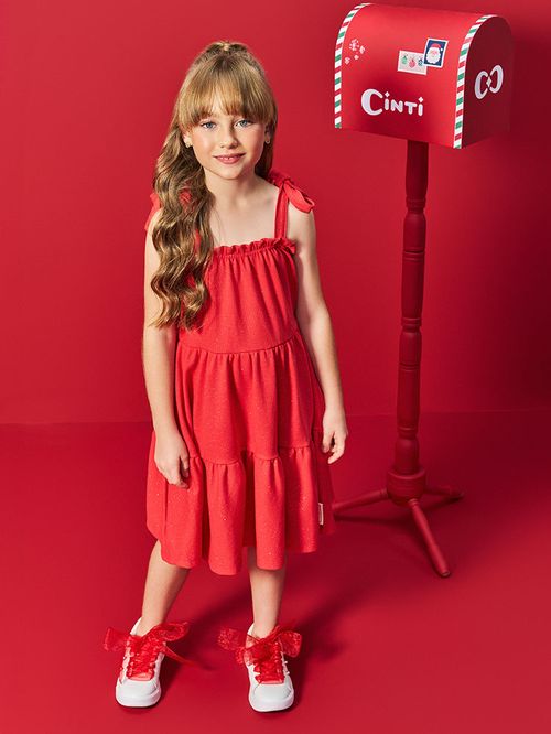 Vestido Infantil Menina com Glitter Vermelho Mundo Cinti