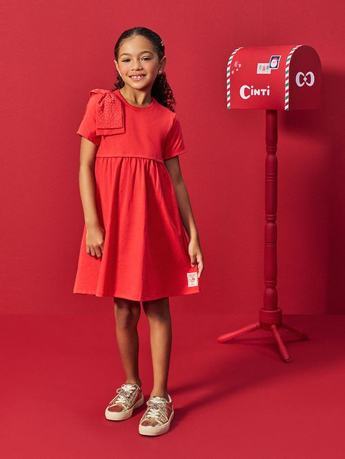 Vestido Infantil Menina com Laço Vermelho Mundo Cinti