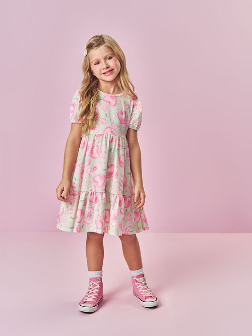Vestido Infantil Menina Coração do Amor Verde Mundo Cinti