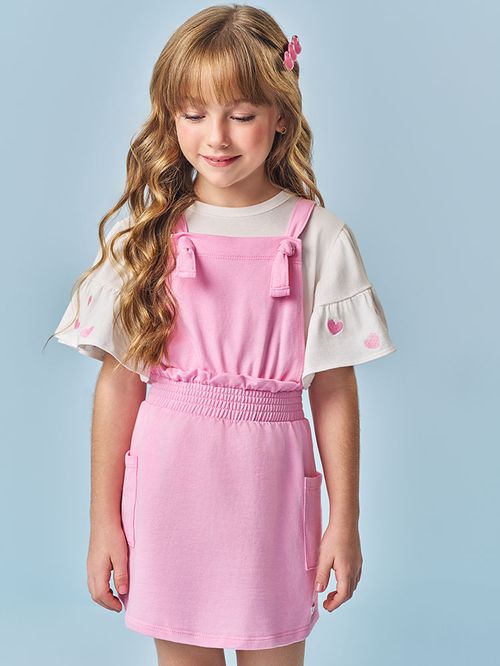 Conjunto de Salopete Infantil Menina Bordado Corações Rosa Mundo Cinti
