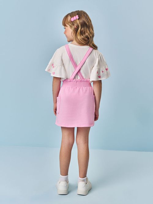 Conjunto de Salopete Infantil Menina Bordado Corações Rosa Mundo Cinti