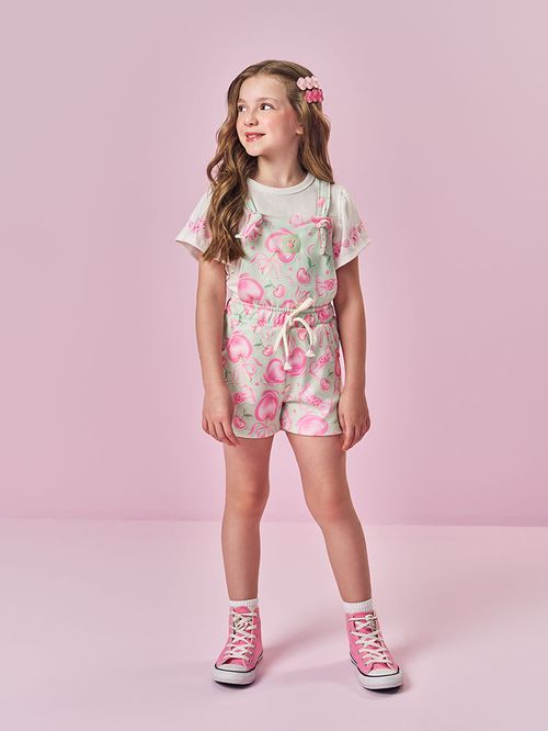 Conjunto de Jardineira Infantil Menina Corações do Amor Verde Mundo Cinti