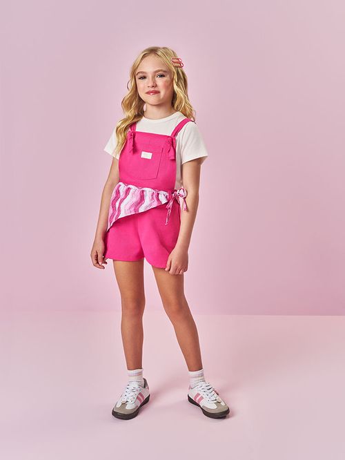 Conjunto de Jardineira Infantil Menina Listrado Rosa Mundo Cinti