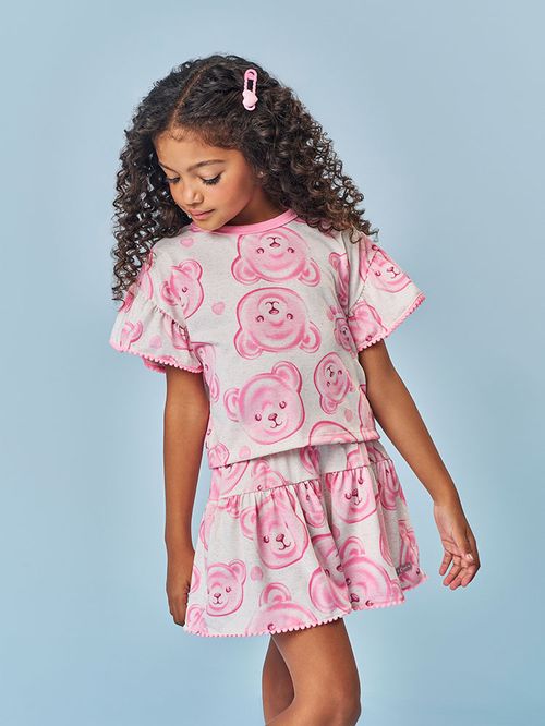Conjunto Infantil Menina Cabeça de Ursinhos Rosa Mundo Cinti