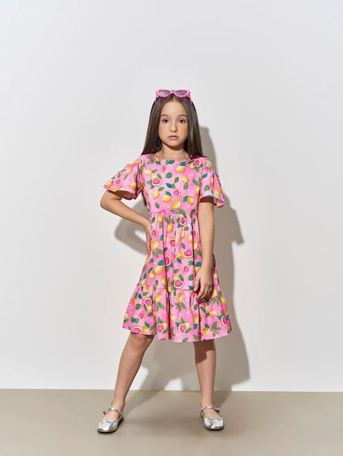 Vestido Menina Limão Siciliano em Tricoline Rosa Beli.me