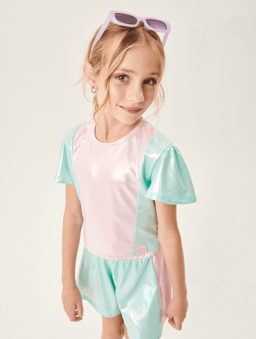 Conjunto Blusa E Shorts Holográfico Rosa E Azul Catavento