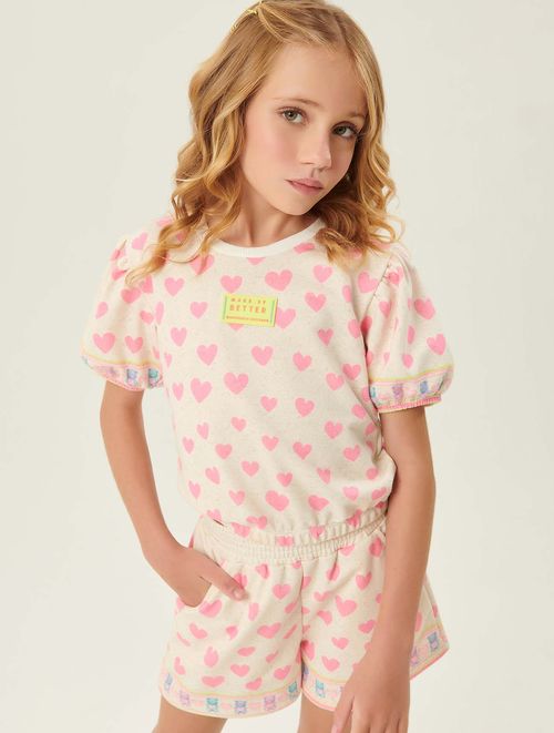 Conjunto Blusa E Shorts Corações Off White E Rosa Neon Catavento