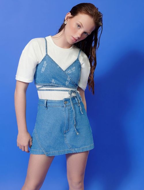 Short-Saia Recorte Jeans DWay