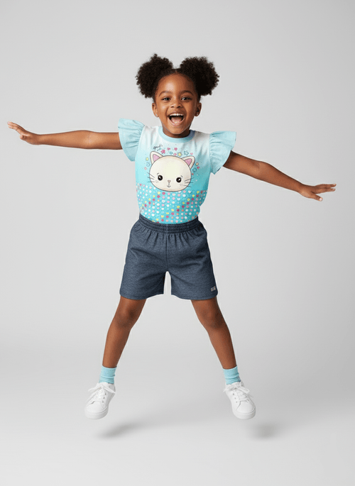 Conjunto Infantil Menina Sparkle Cat Azul Abrange