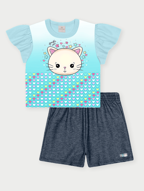 Conjunto Infantil Menina Sparkle Cat Azul Abrange