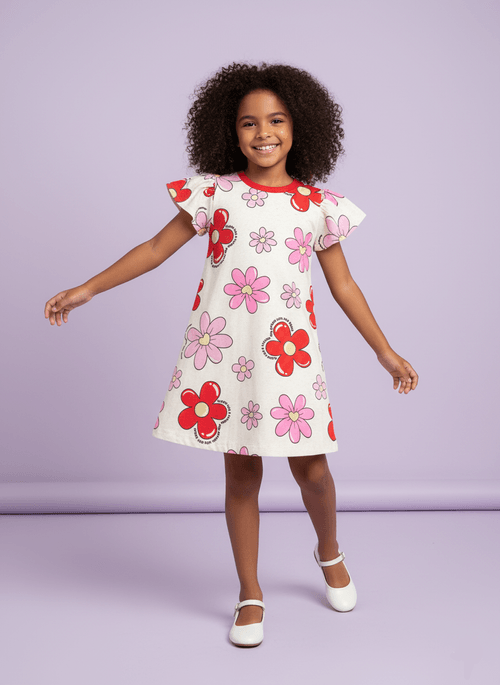 Vestido Infantil Margaridas Vermelho Abrange