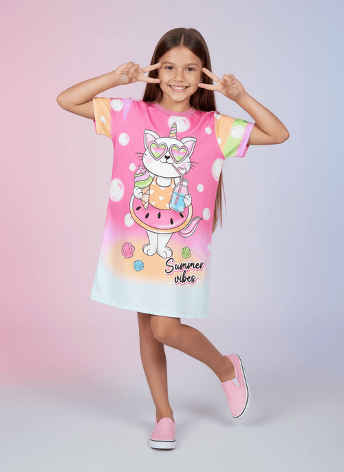 Vestido Infantil Summer Cat Rosa Abrange