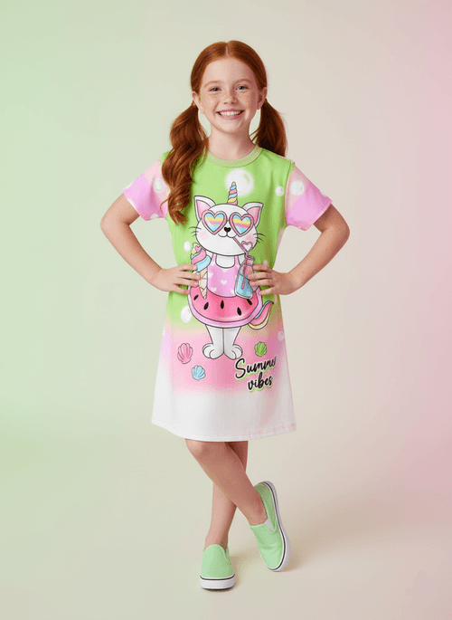 Vestido Infantil Summer Cat Verde Abrange
