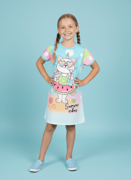 Vestido Infantil Summer Cat Azul Abrange