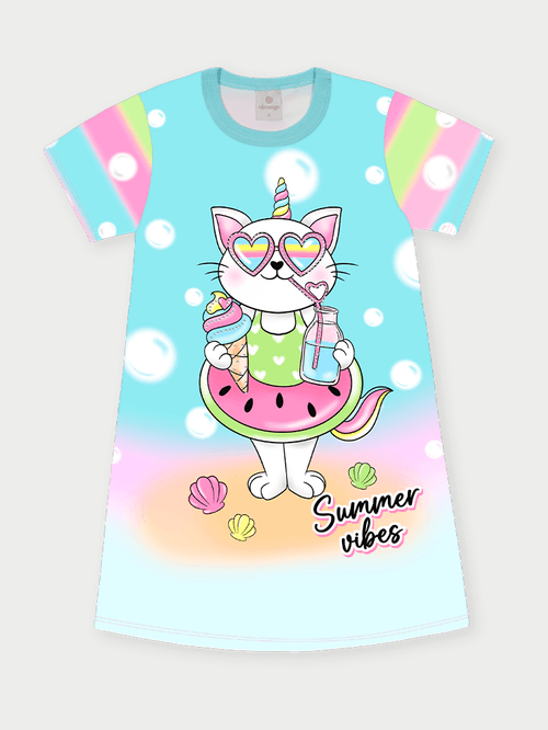 Vestido Infantil Summer Cat Azul Abrange
