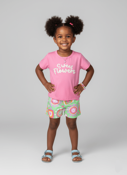 Conjunto Menina Sweet Flowers Rosa Abrange